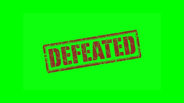 Animated "DEFEATED" rubber stamp seal with bold red text, featuring a zoom and hit effect on a green screen background for failure, game over screens and competition results