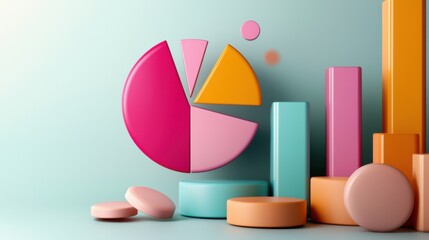 Obraz premium Colorful Abstract Geometric Shapes Composition in Pastel Tones on Blue Background