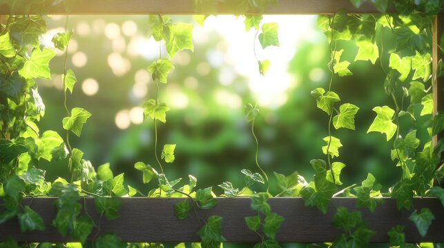 Green ivy covers a wooden trellis, creating a natural backdrop for designs and decorations. The background is blurred to highlight the texture of the ivy.
