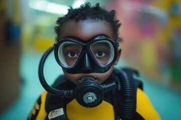 Curious child ready to explore underwater world in scuba gear at an activity center