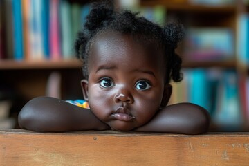 Curious child resting chin on hands in a library with colorful books in the background