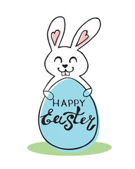 Fototapeta premium Contour of cute funny bunny with Happy Easter lettering in egg shaped frame. Vector hand drawn outline doodle illustration, clip art. Holidays characters and backgrounds