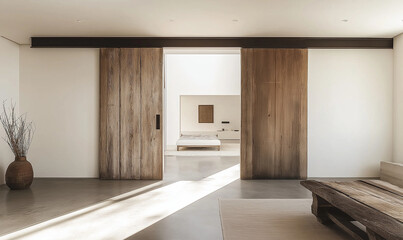 Fototapeta premium Minimalist Entrance with Sliding Barn-Style Wooden Door for a Clean, Contemporary Look