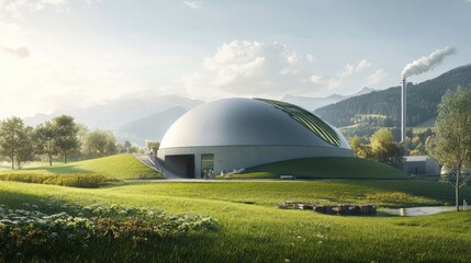 Obraz premium Modern biodome structure nestled within a verdant mountainous landscape