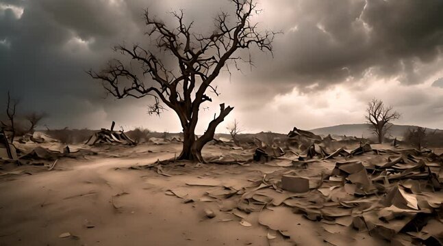 The sky was a gloomy gray, with smoke billowing in the distance