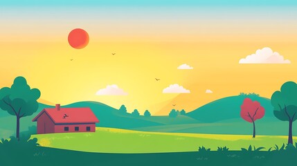 Fototapeta premium Red house on green hills at sunset