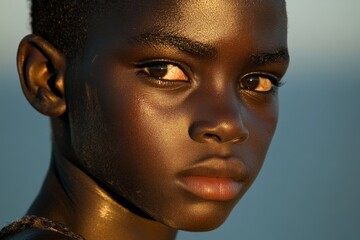 Portrait of a young boy gazing into the distance during golden hour by the ocean