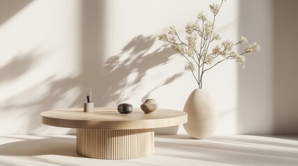 Showcase your products on this stunning wooden table. Its round shape and clean lines create a modern and airy feel. Perfect for displaying your products in a bright and inviting setting.