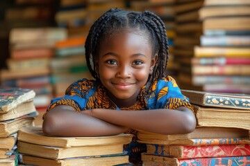 Young girl smiles while resting on stacks of colorful books in a vibrant library setting