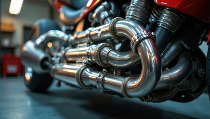 Fototapeta premium Close-up view of a powerful motorcycle engine's intricate exhaust system, showcasing gleaming polished metal pipes and complex engineering