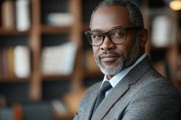 Fototapeta premium Confident businessman posing in an elegant office setting during the afternoon with a bookshelf backdrop
