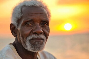 Man with gray beard enjoying a sunset at the beach, reflecting on life and nature's beauty in warm evening light
