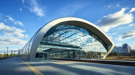 Obraz premium Train speeding into modern station with glass architecture against blue sky. Blurred background for design projects.