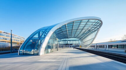 Obraz premium Train speeding into modern station with glass architecture against blue sky. Blurred background for design projects.
