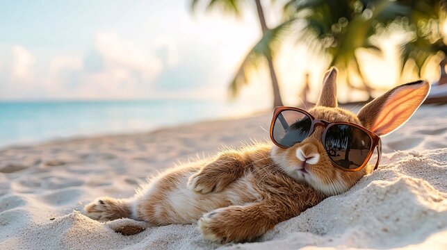 Petfluencer concept. Relaxed bunny on a sunny beach