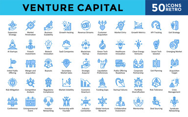 Venture Capital icons set with expansion strategy, market penetration, business scalability, growth hacking, revenue streams, customer acquisition, market entry icon. Simple retro vector 

