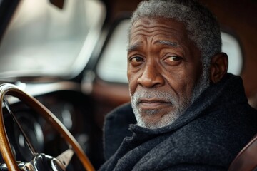 Mature man with gray hair drives vintage car while looking pensively out of the window in urban setting during daylight