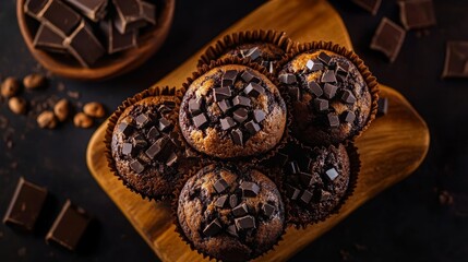 Fototapeta premium Delicious chocolate chunk muffins on wooden cutting board