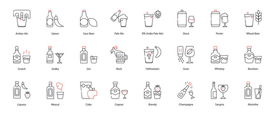 Vector Icons Set - Amber Ale, Saison, Sour Beer, Pale Ale, IPA (India Pale Ale), Stout, Porter, Wheat Beer, Scotch, Vodka, Gin, Bock, Hefeweizen, Gose, Whiskey, Bourbon, Liqueur, Mezcal, Cider, Cognac