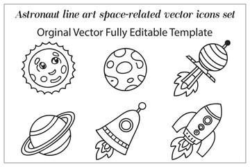 Astronaut line art space-related vector icons set.