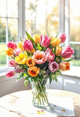 a clear glass vase filled with a colorful bouquet of tulips, predominantly in shades of yellow, pink, and red.