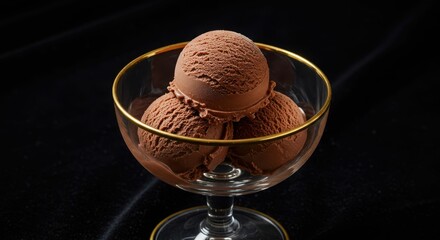 Delicious triple chocolate ice cream scoops in glass dish on black background