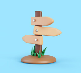 3d wood road sign with direction arrows isolated render icon. Wooden signboard on pole with grass for game information or notice. Vintage billboard guide frame for destination label. 3D illustration