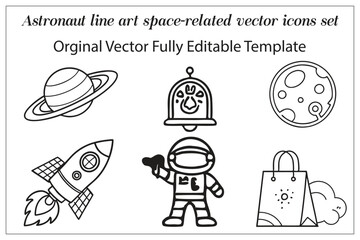 Fototapeta premium Astronaut line art space-related vector icons set.
