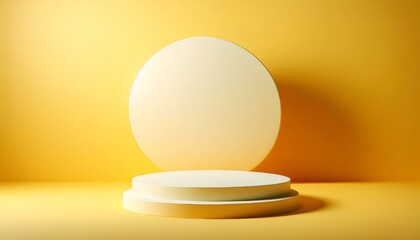 Empty yellow product podium display 3d room background with minimal pedestal show stand modern platform abstract light shadow showroom presentation backdrop cosmetic template geometric summer shelf.