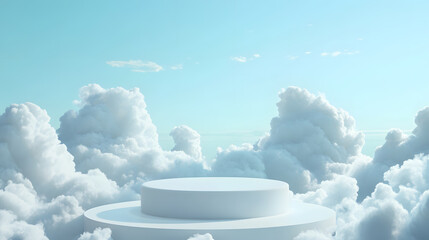 Floating platform in the sky among fluffy clouds with blue sky background.