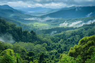 Fototapeta premium Scenic mountain landscape with trees, clouds, and green hills