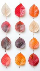 Fototapeta premium Autumnal Array of Colorful Leaves in a Grid Pattern on White Background Showcasing Seasonal Change and Natural Beauty with Warm Tones and Organic Texture