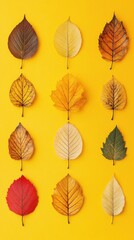 Obraz premium Autumnal Array of Colorful Leaves on Yellow Background Capturing Seasonal Transition and Natural Beauty in Flat Lay Style for Stock Photography