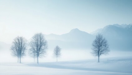 Misty winter landscape with bare trees