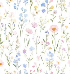 Seamless pattern of small pastel watercolor wildflowers and meadow flowers, cosmos, and anemones on a white background.
