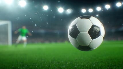 Soccer ball football floating in front of goal net sport with feel dramatic bokeh effect during a night match with green backgroung