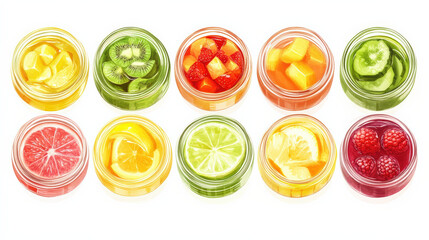 Bright and refreshing juices in glass jars showcasing vibrant fruits like kiwi, strawberry, mango, and citrus. Perfect for healthy lifestyle and summer vibes