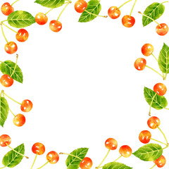 さくらんぼの正方形フレーム　フルーツの手描き水彩イラスト素材