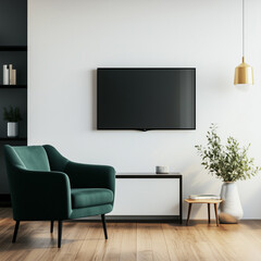 "3D-Rendered Mockup of Wall-Mounted TV in Modern Living Room – Stylish Green Armchair and Minimalist Decor Creating a Cozy Contemporary Atmosphere