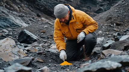 A Geologist Carefully Examining Minerals in a Rocky Terrain