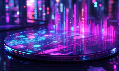 Obraz premium Futuristic data visualization on a circular platform with vibrant neon lights and digital elements
