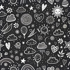 Black and white drawing of a starry sky with hearts and clouds. Seamless pattern. Pattern. Art. Clipart. Background. Vector. Illustration