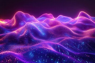 futuristic digital landscape with flowing neon ribbons in cyberpunk violet and electric blue creating a dynamic virtual reality space