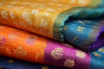 Fototapeta premium Vibrant silk fabrics in rich hues of orange, blue, and purple, showcasing intricate patterns and textures