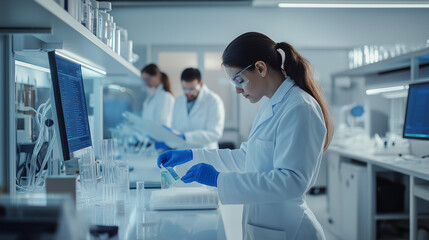 A team of medical professionals, including a smiling young woman, works diligently in a hospital laboratory