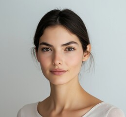 Natural beauty portrait of a woman with soft makeup and simple hairstyle against a light background