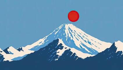 Snowy mountain peak, vibrant red sun, serene landscape