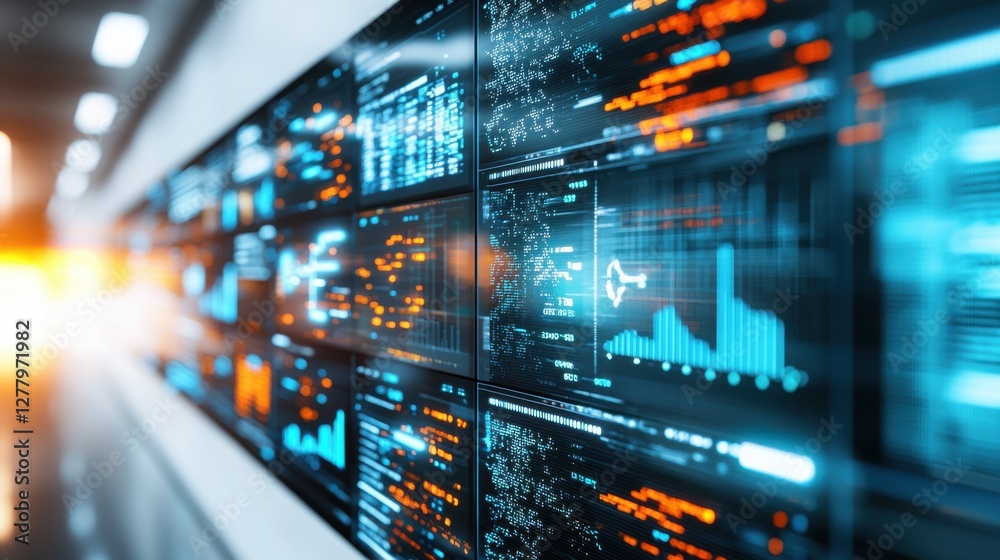 Poster futuristic digital data analytics dashboard screen with graphs and charts