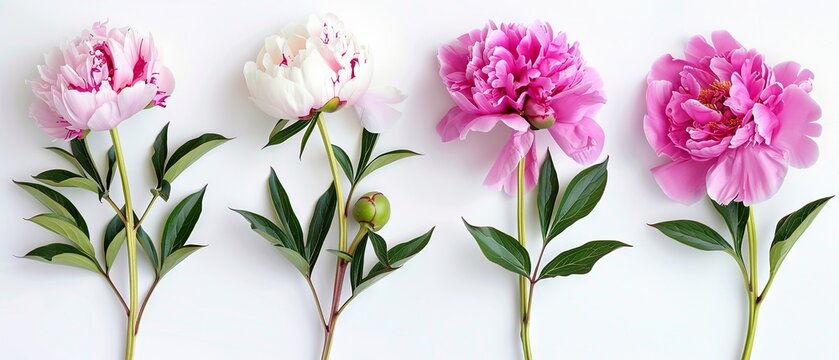 Vibrant set of lush peony blooms on pristine white background, capturing elegant floral artistry for home decor, weddings, and graphic design