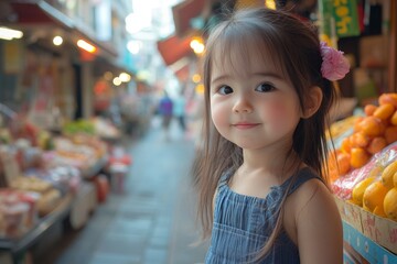 Fototapeta premium Young girl smiles while exploring a vibrant market filled with fresh produce during a sunny day